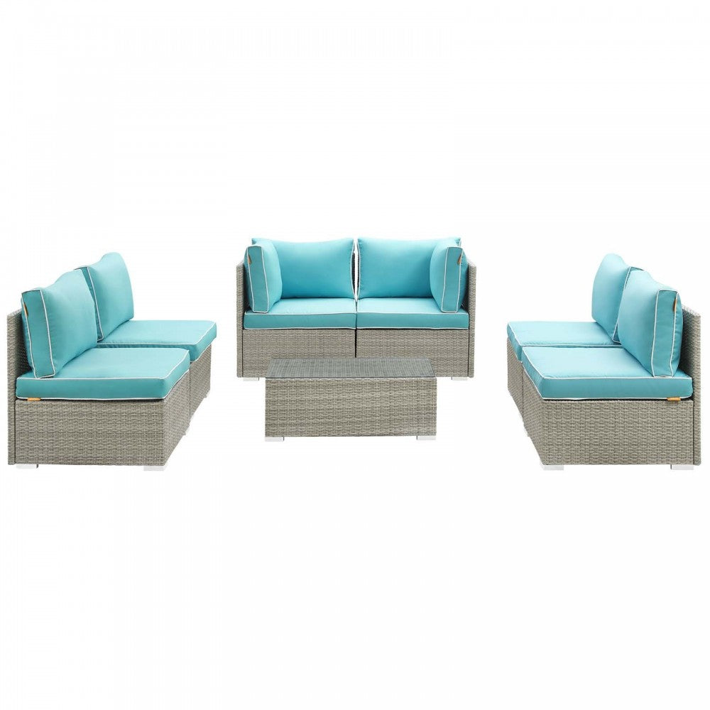 Repose 7 Piece Outdoor Patio Sectional Set, Light Gray Turquoise, EEI-3004-LGR-TRQ-SET