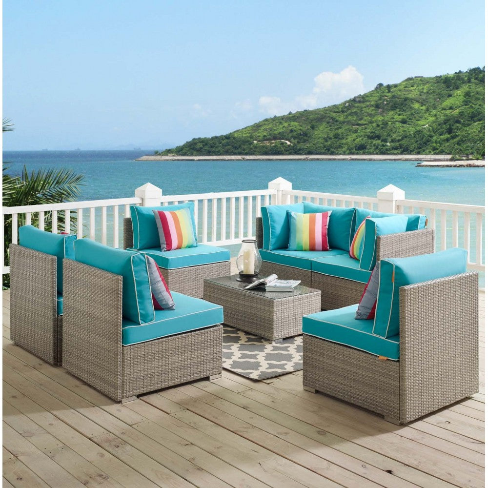 Repose 7 Piece Outdoor Patio Sectional Set, Light Gray Turquoise, EEI-3004-LGR-TRQ-SET