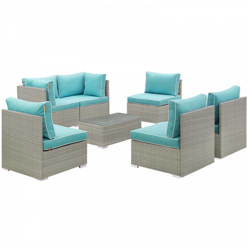 Repose 7 Piece Outdoor Patio Sectional Set, Light Gray Turquoise, EEI-3004-LGR-TRQ-SET