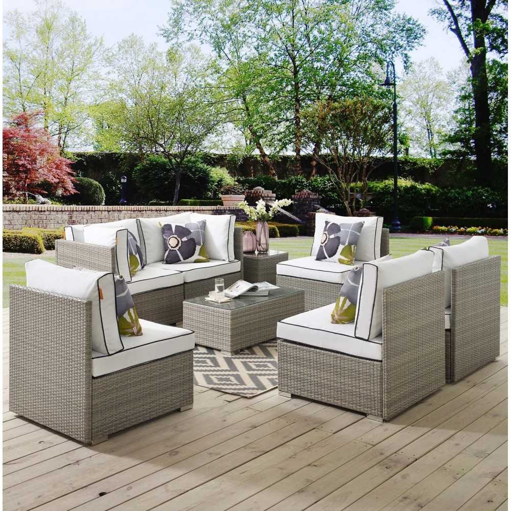 Repose 7 Piece Outdoor Patio Sectional Set, Light Gray White, EEI-3004-LGR-WHI-SET