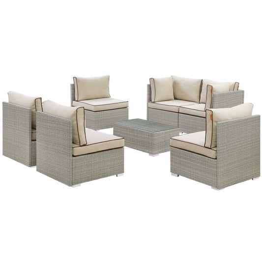 Repose 7 Piece Outdoor Patio Sectional Set, Light Gray Beige, EEI-3004-LGR-BEI-SET