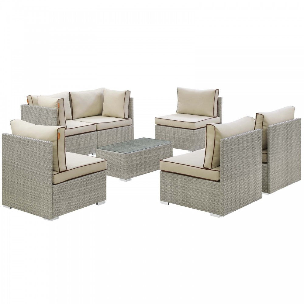 Repose 7 Piece Outdoor Patio Sectional Set, Light Gray Beige, EEI-3004-LGR-BEI-SET