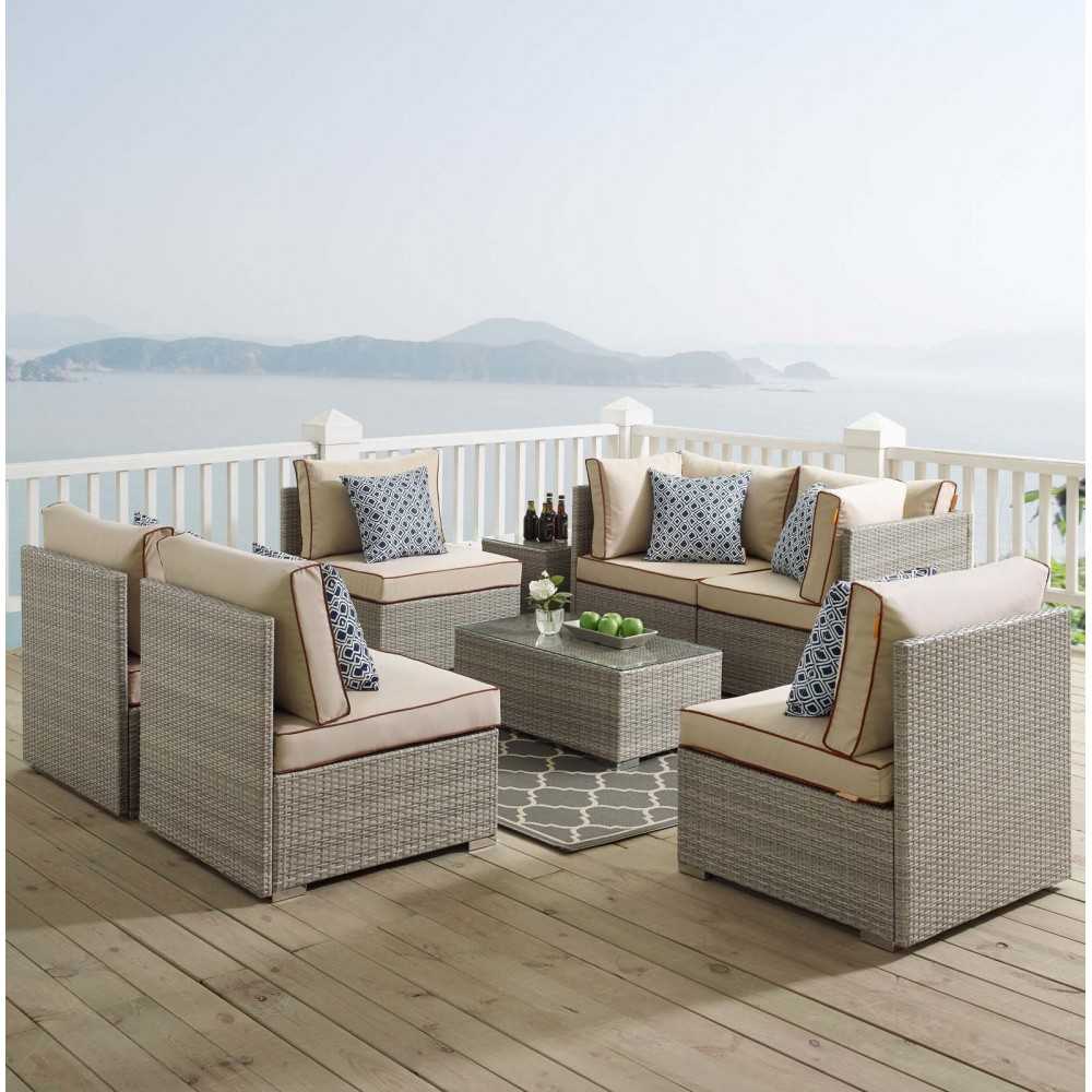 Repose 7 Piece Outdoor Patio Sectional Set, Light Gray Beige, EEI-3004-LGR-BEI-SET