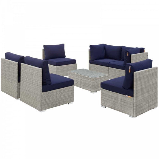 Repose 7 Piece Outdoor Patio Sunbrella Sectional Set, Light Gray Navy, EEI-3005-LGR-NAV-SET