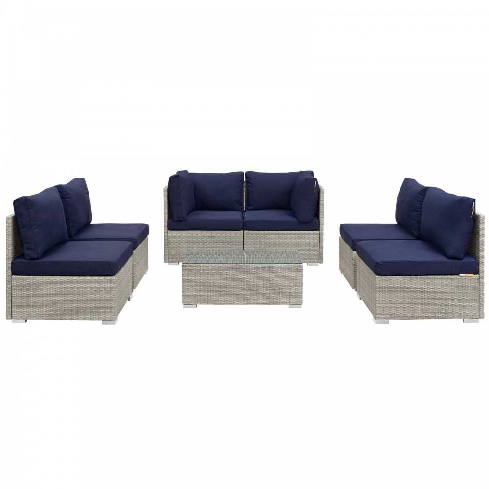 Repose 7 Piece Outdoor Patio Sunbrella Sectional Set, Light Gray Navy, EEI-3005-LGR-NAV-SET