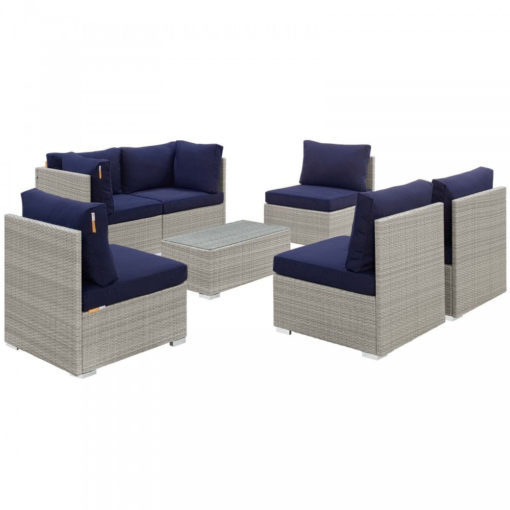 Repose 7 Piece Outdoor Patio Sunbrella Sectional Set, Light Gray Navy, EEI-3005-LGR-NAV-SET