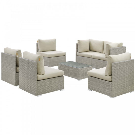 Repose 7 Piece Outdoor Patio Sunbrella Sectional Set, Light Gray Beige, EEI-3005-LGR-BEI-SET