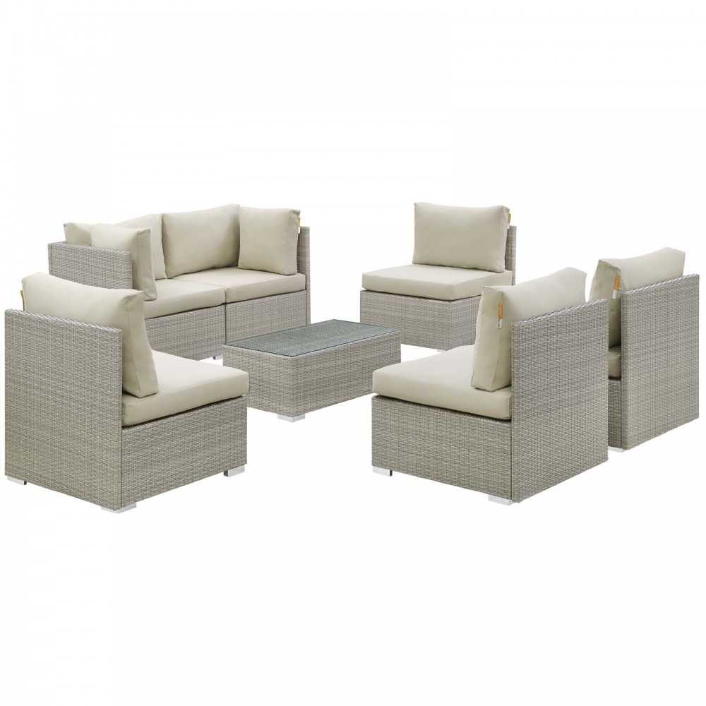 Repose 7 Piece Outdoor Patio Sunbrella Sectional Set, Light Gray Beige, EEI-3005-LGR-BEI-SET