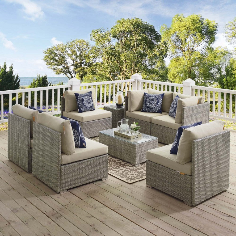 Repose 7 Piece Outdoor Patio Sunbrella Sectional Set, Light Gray Beige, EEI-3005-LGR-BEI-SET