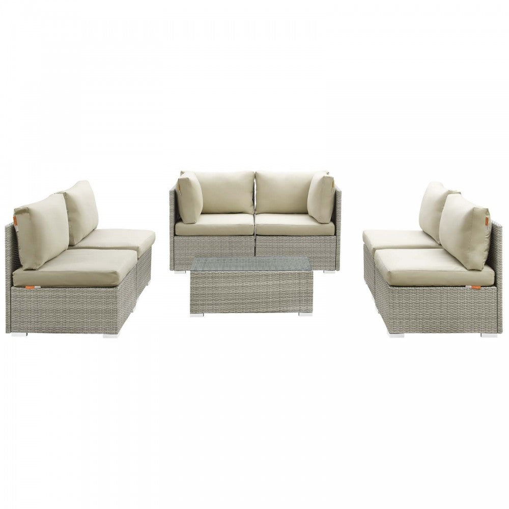 Repose 7 Piece Outdoor Patio Sunbrella Sectional Set, Light Gray Beige, EEI-3005-LGR-BEI-SET