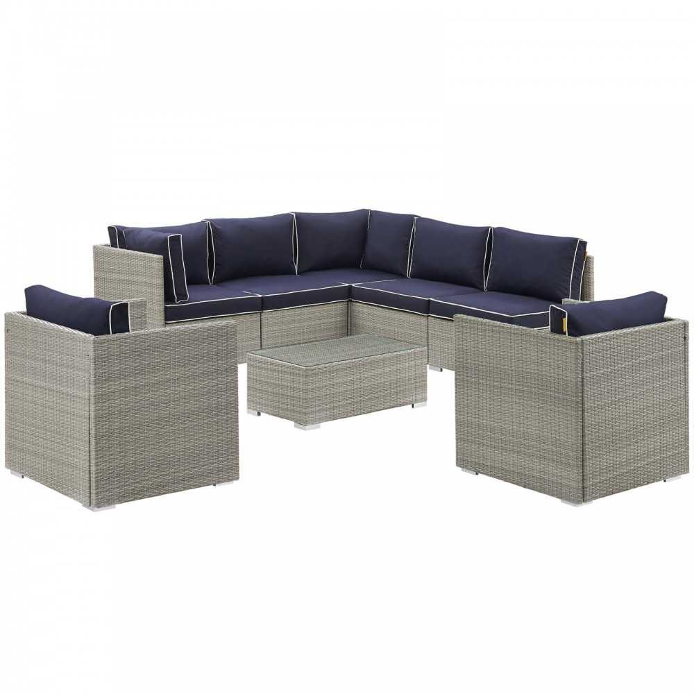 Repose 8 Piece Outdoor Patio Sectional Set, Light Gray Navy, EEI-3008-LGR-NAV-SET