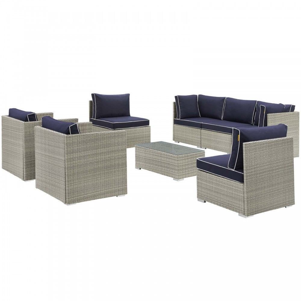 Repose 8 Piece Outdoor Patio Sectional Set, Light Gray Navy, EEI-3008-LGR-NAV-SET