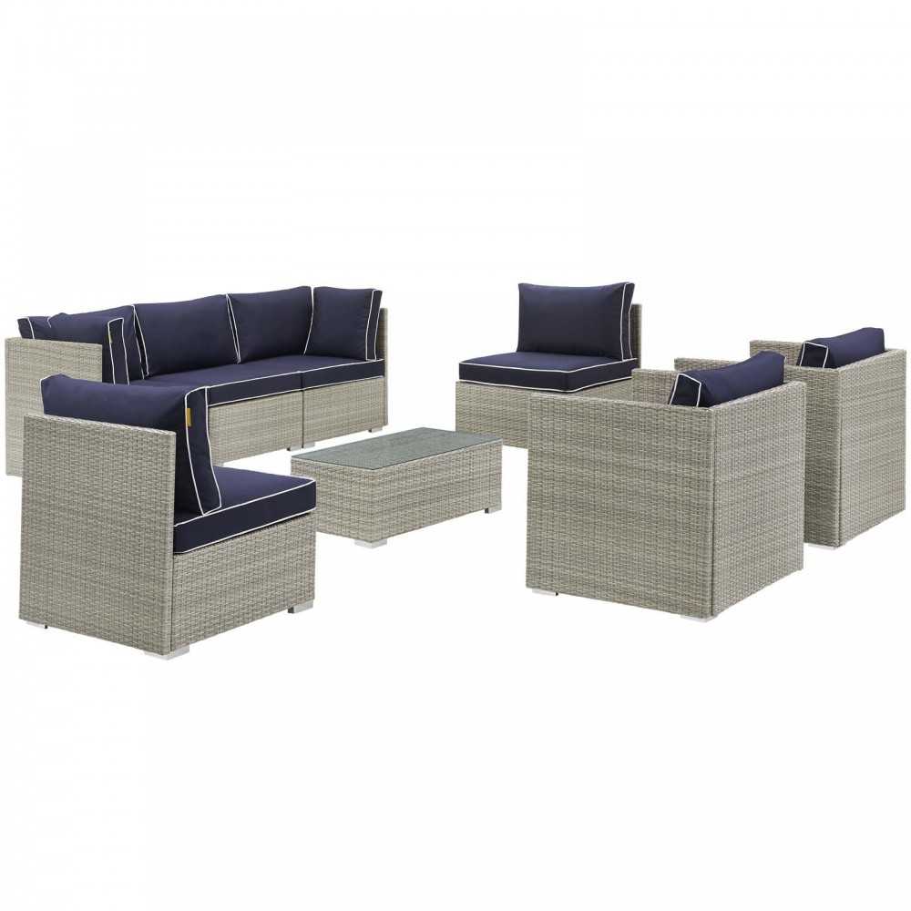 Repose 8 Piece Outdoor Patio Sectional Set, Light Gray Navy, EEI-3008-LGR-NAV-SET