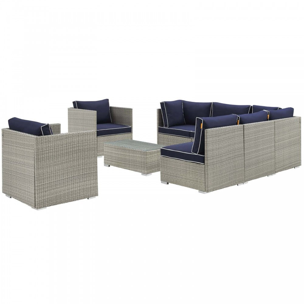 Repose 8 Piece Outdoor Patio Sectional Set, Light Gray Navy, EEI-3008-LGR-NAV-SET