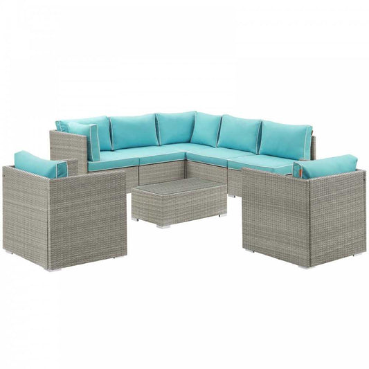 Repose 8 Piece Outdoor Patio Sectional Set, Light Gray Turquoise, EEI-3008-LGR-TRQ-SET