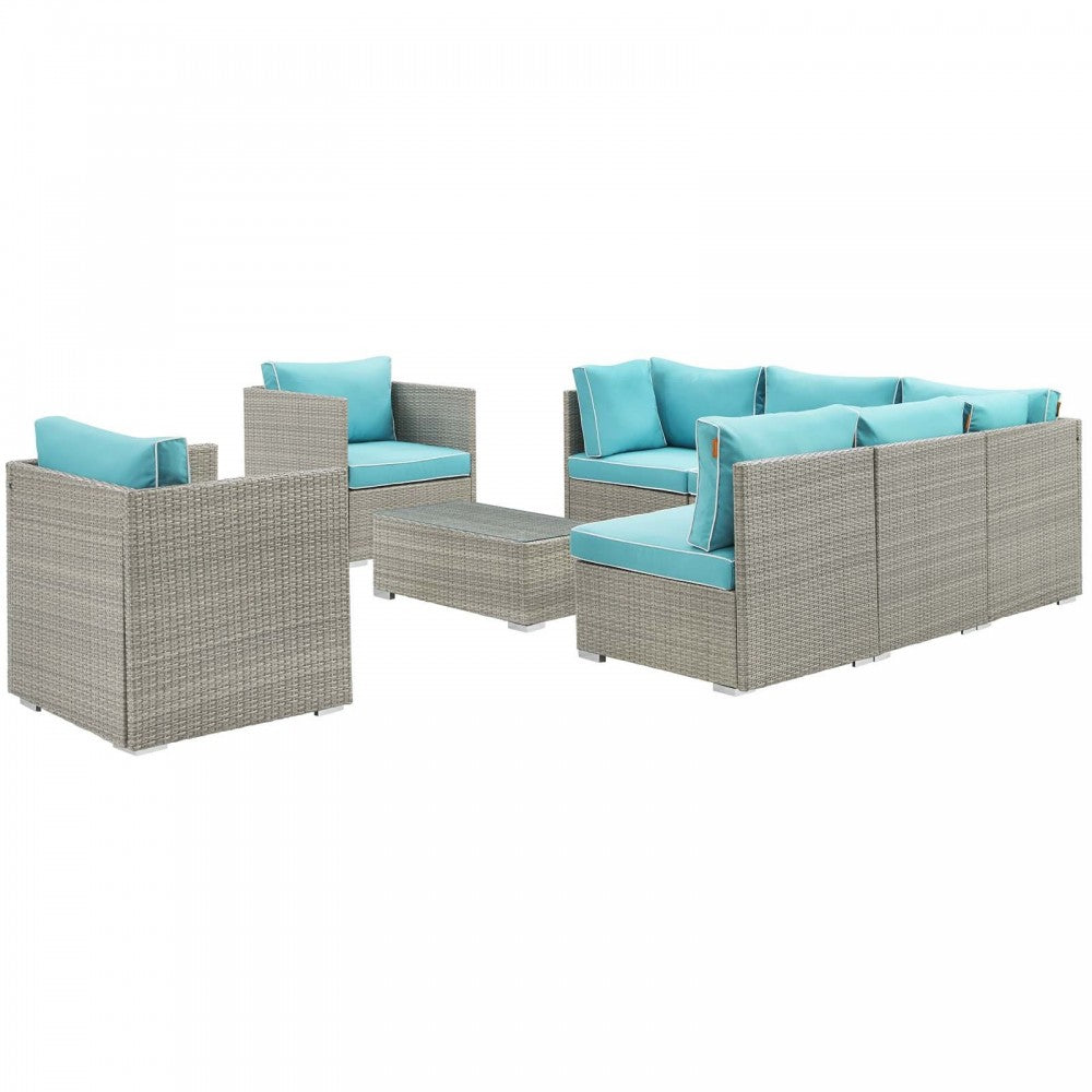 Repose 8 Piece Outdoor Patio Sectional Set, Light Gray Turquoise, EEI-3008-LGR-TRQ-SET