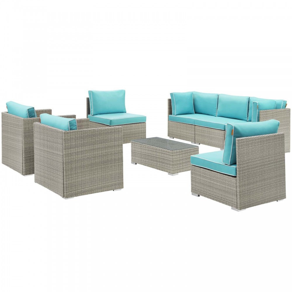 Repose 8 Piece Outdoor Patio Sectional Set, Light Gray Turquoise, EEI-3008-LGR-TRQ-SET