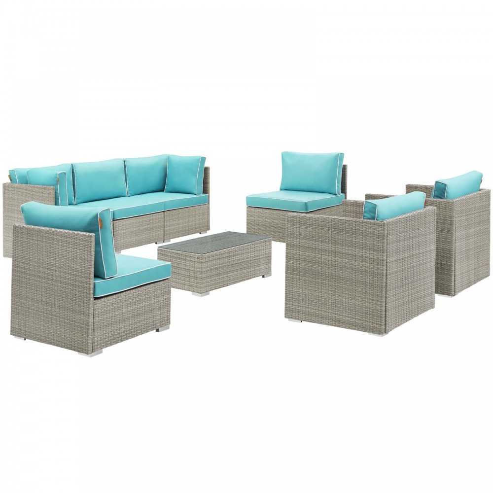 Repose 8 Piece Outdoor Patio Sectional Set, Light Gray Turquoise, EEI-3008-LGR-TRQ-SET