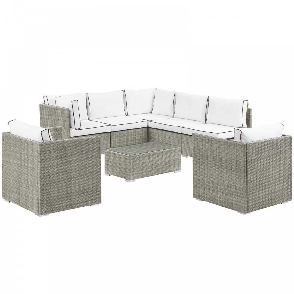 Repose 8 Piece Outdoor Patio Sectional Set, Light Gray White, EEI-3008-LGR-WHI-SET