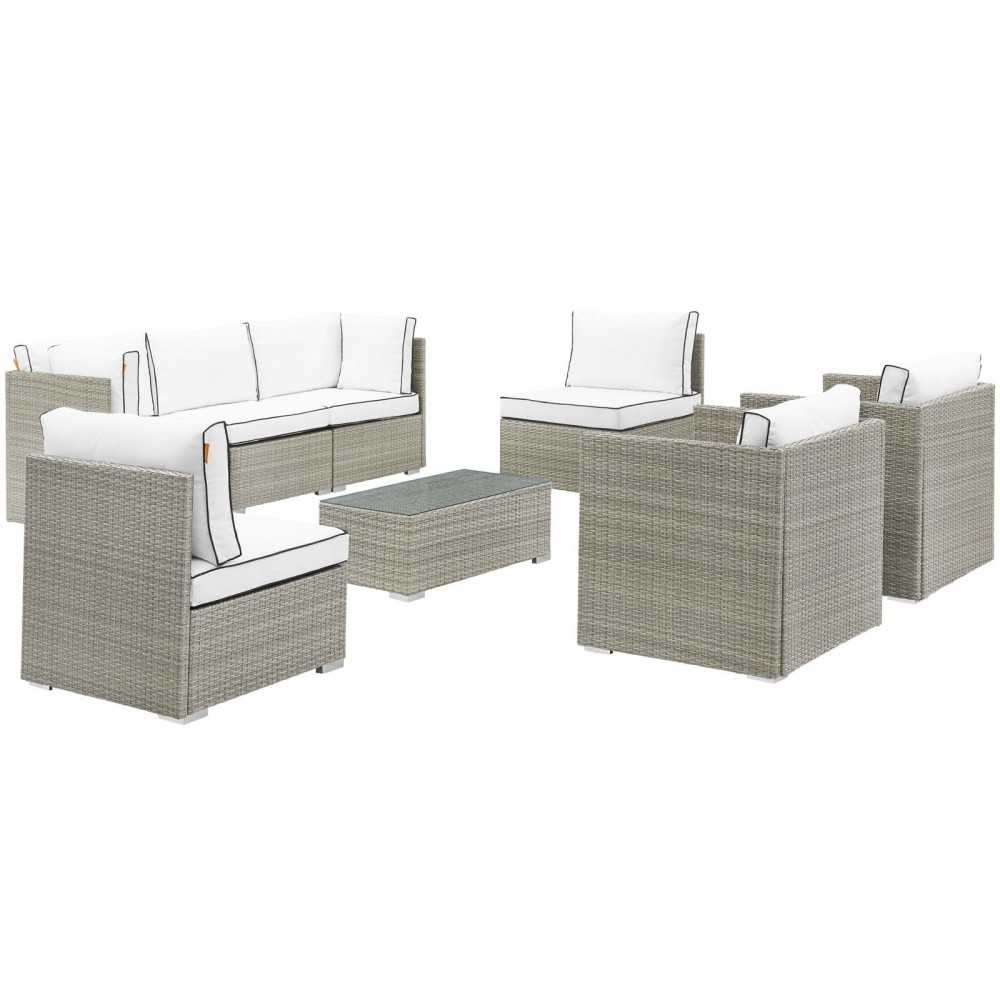 Repose 8 Piece Outdoor Patio Sectional Set, Light Gray White, EEI-3008-LGR-WHI-SET