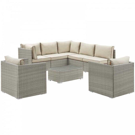 Repose 8 Piece Outdoor Patio Sectional Set, Light Gray Beige, EEI-3008-LGR-BEI-SET