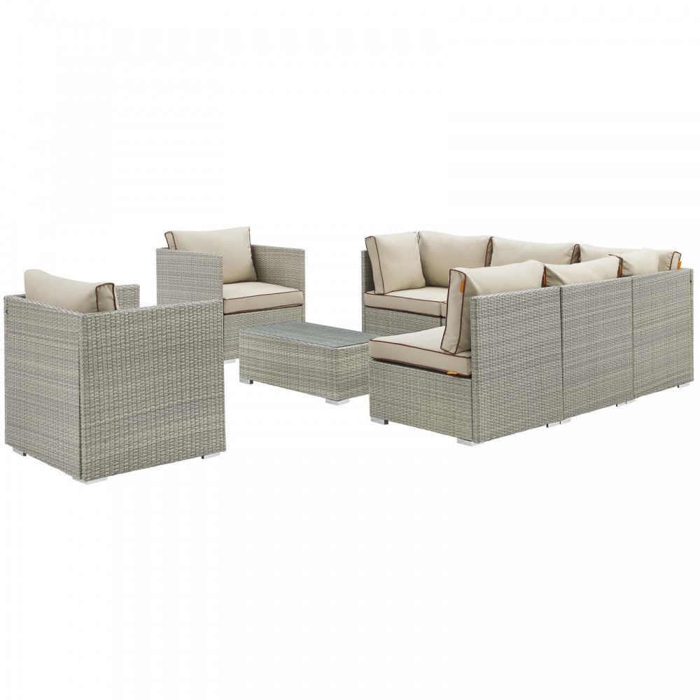 Repose 8 Piece Outdoor Patio Sectional Set, Light Gray Beige, EEI-3008-LGR-BEI-SET