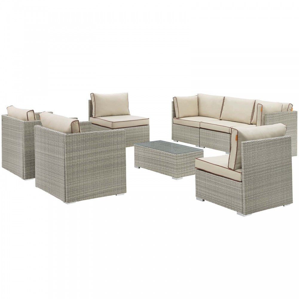 Repose 8 Piece Outdoor Patio Sectional Set, Light Gray Beige, EEI-3008-LGR-BEI-SET