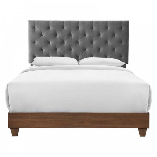 Rhiannon Diamond Tufted Upholstered Fabric Queen Bed, Walnut Gray