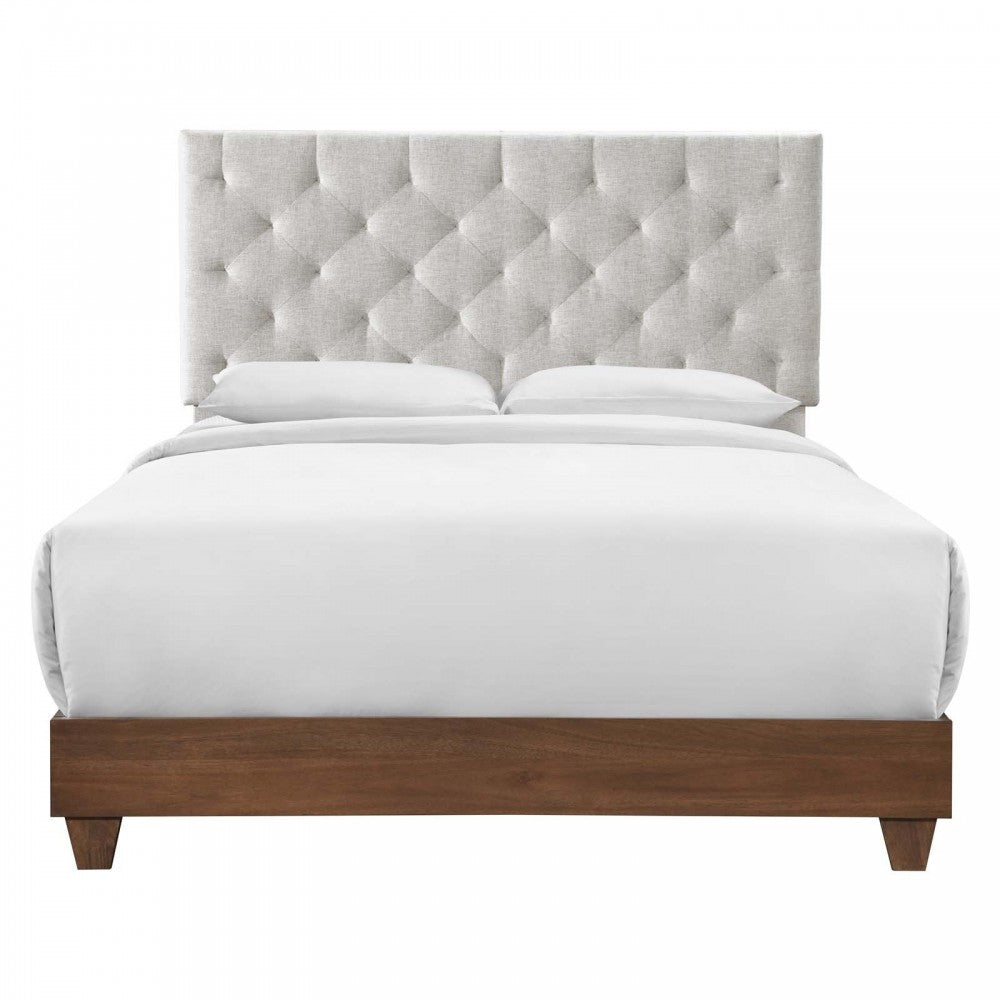 Rhiannon Diamond Tufted Upholstered Fabric Queen Bed, Walnut Beige