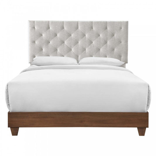 Rhiannon Diamond Tufted Upholstered Fabric Queen Bed, Walnut Beige