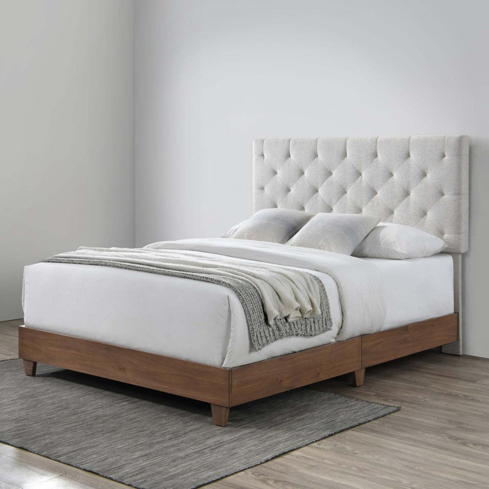 Rhiannon Diamond Tufted Upholstered Fabric Queen Bed, Walnut Beige