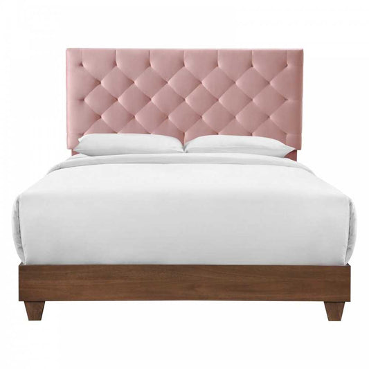 Rhiannon Diamond Tufted Upholstered Performance Velvet Queen Bed, Walnut Dusty Rose