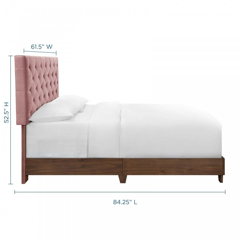 Rhiannon Diamond Tufted Upholstered Performance Velvet Queen Bed, Walnut Dusty Rose