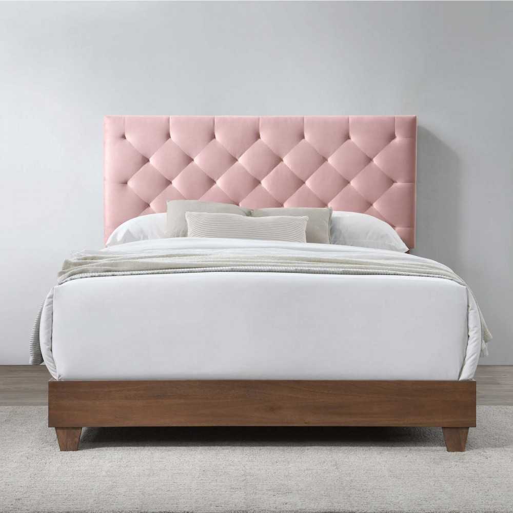 Rhiannon Diamond Tufted Upholstered Performance Velvet Queen Bed, Walnut Dusty Rose