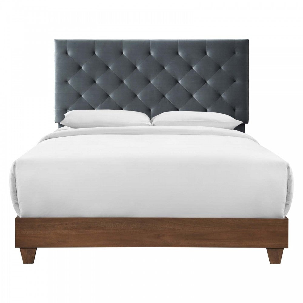 Rhiannon Diamond Tufted Upholstered Performance Velvet Queen Bed, Walnut Charcoal