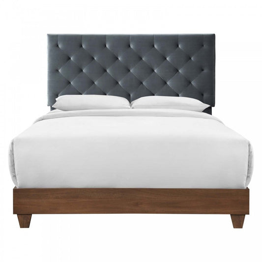 Rhiannon Diamond Tufted Upholstered Performance Velvet Queen Bed, Walnut Charcoal