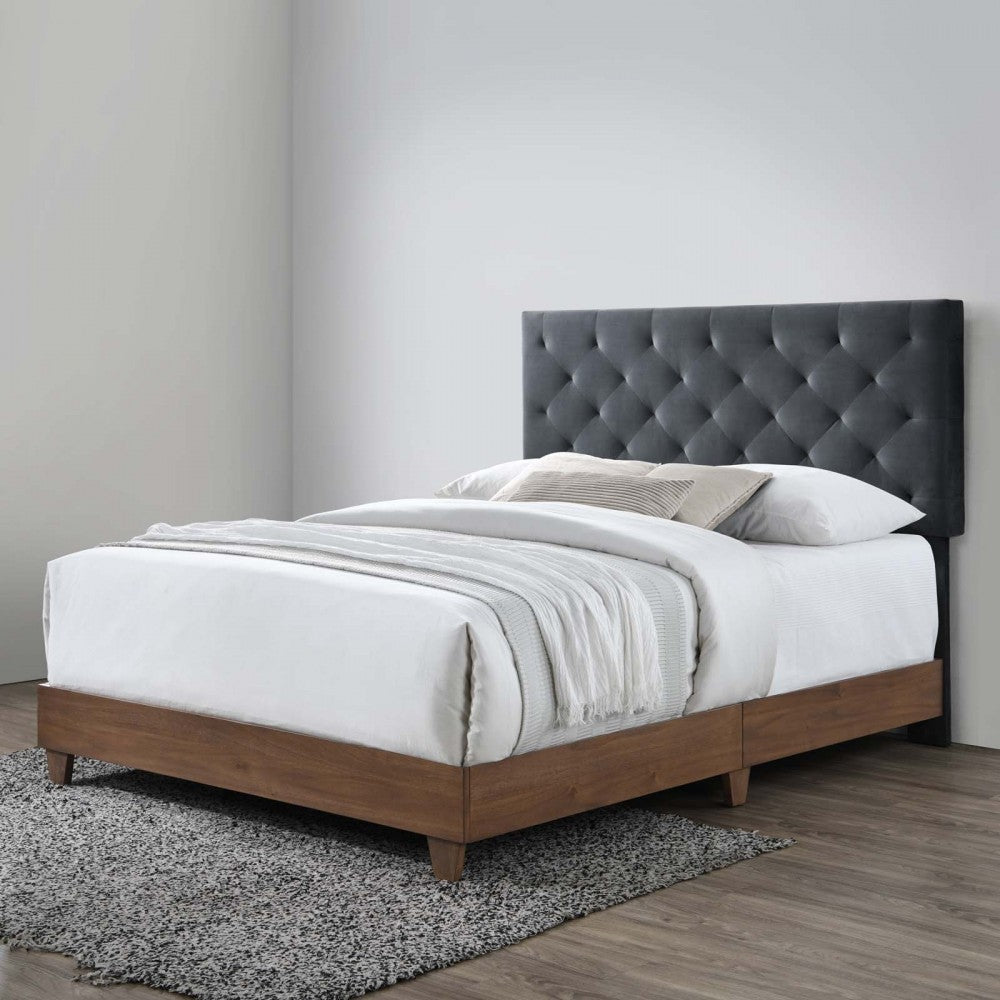 Rhiannon Diamond Tufted Upholstered Performance Velvet Queen Bed, Walnut Charcoal