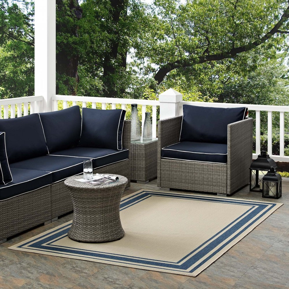 Rim Solid Border 5x8 Indoor and Outdoor Area Rug, Blue and Beige