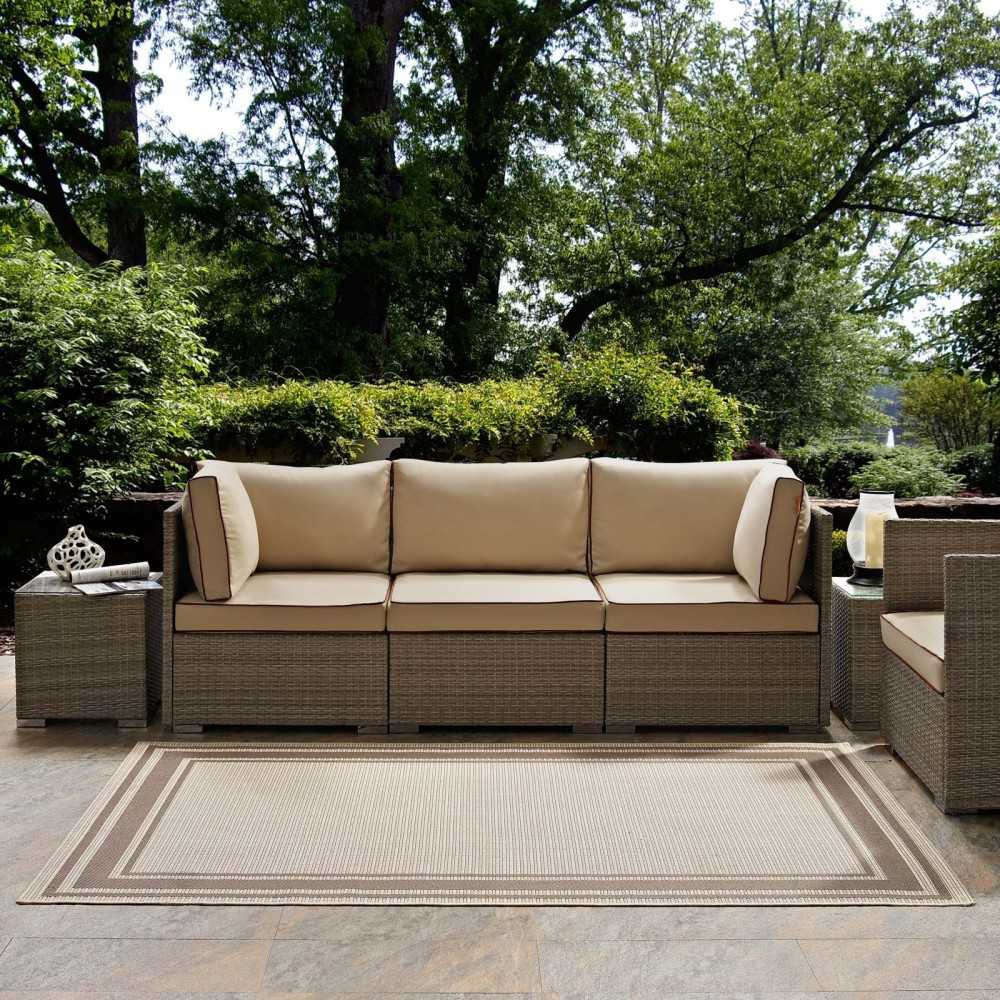 Rim Solid Border 8x10 Indoor and Outdoor Area Rug, Light and Dark Beige