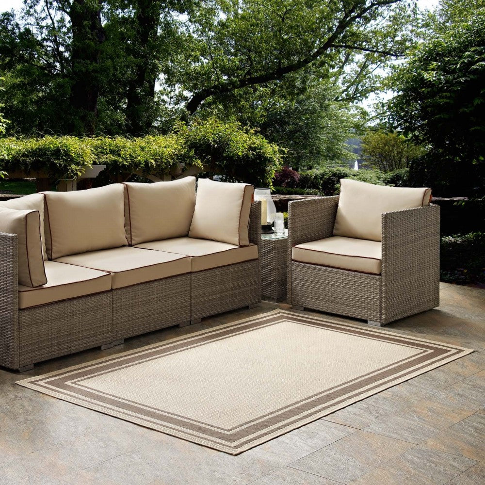Rim Solid Border 8x10 Indoor and Outdoor Area Rug, Light and Dark Beige