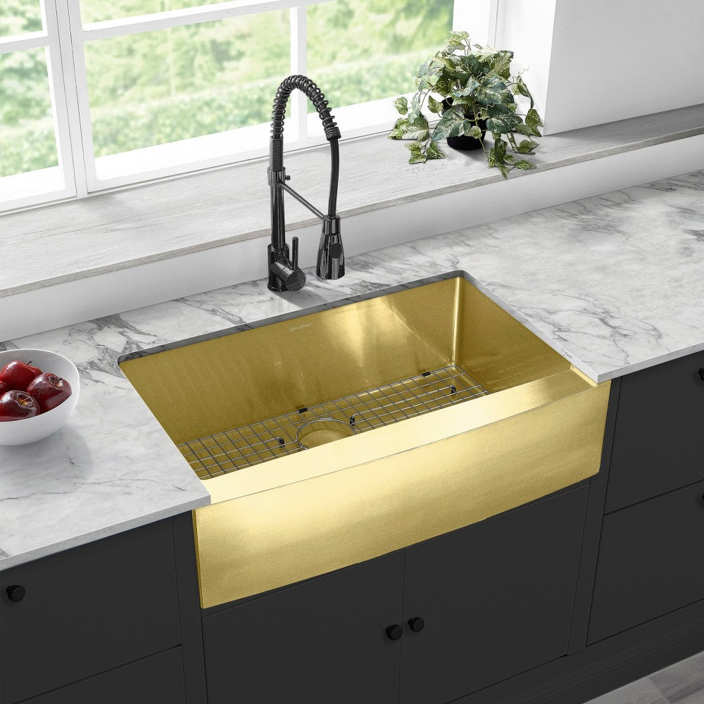 Rivage 33x21 Stainless Steel, Single Basin, Farmhouse Kitchen Sink, Apron, Gold