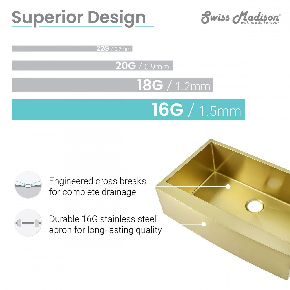 Rivage 33x21 Stainless Steel, Single Basin, Farmhouse Kitchen Sink, Apron, Gold
