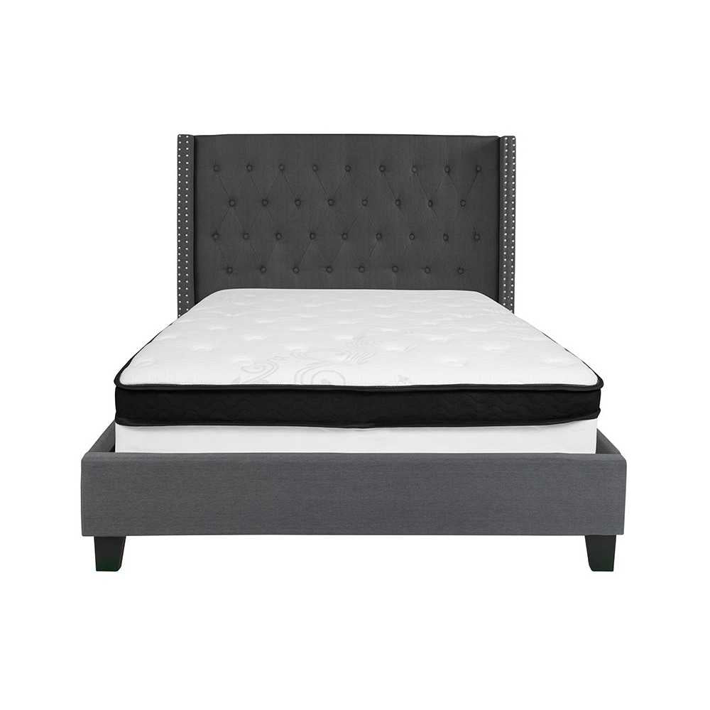 Riverdale Full Size Tufted Upholstered Platform Bed in Dark Gray Fabric with Memory Foam Mattress