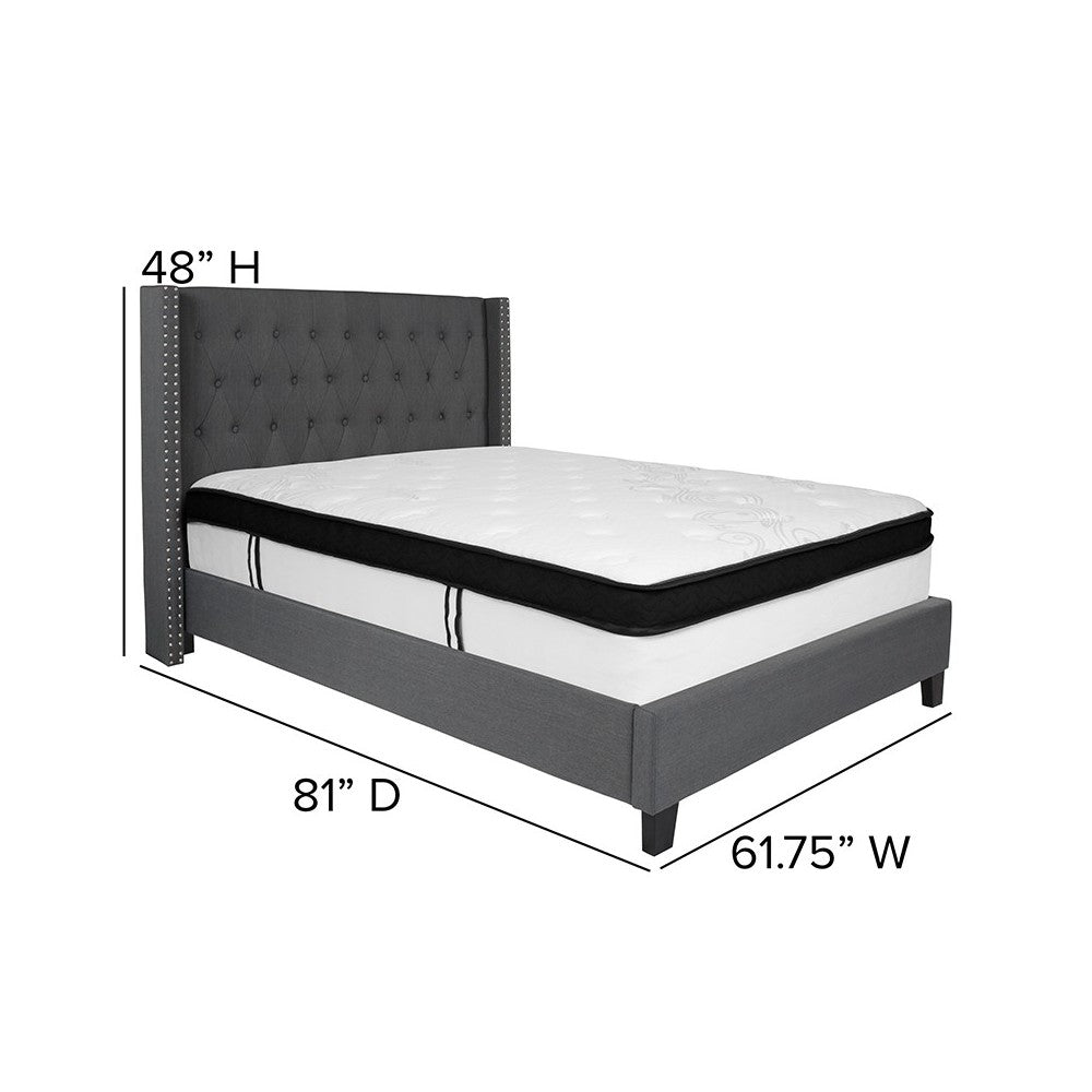 Riverdale Full Size Tufted Upholstered Platform Bed in Dark Gray Fabric with Memory Foam Mattress
