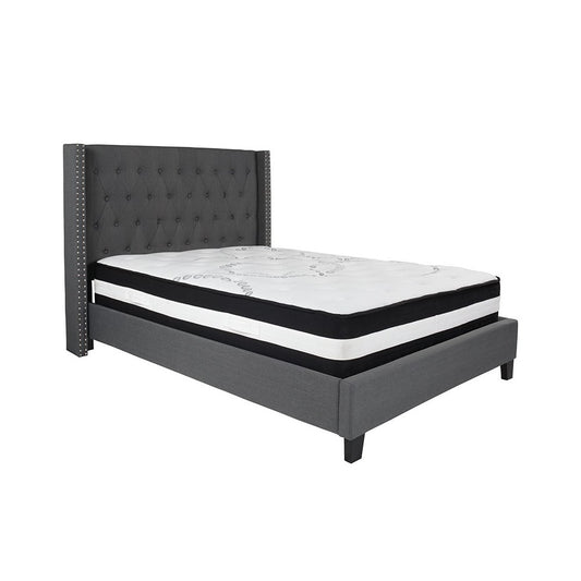 Riverdale Full Size Tufted Upholstered Platform Bed in Dark Gray Fabric with Pocket Spring Mattress