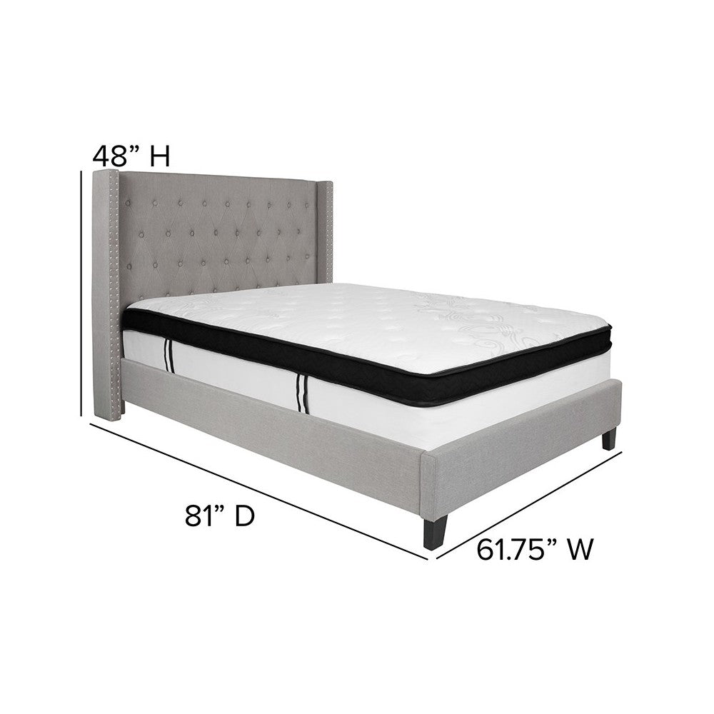Riverdale Full Size Tufted Upholstered Platform Bed in Light Gray Fabric with Memory Foam Mattress