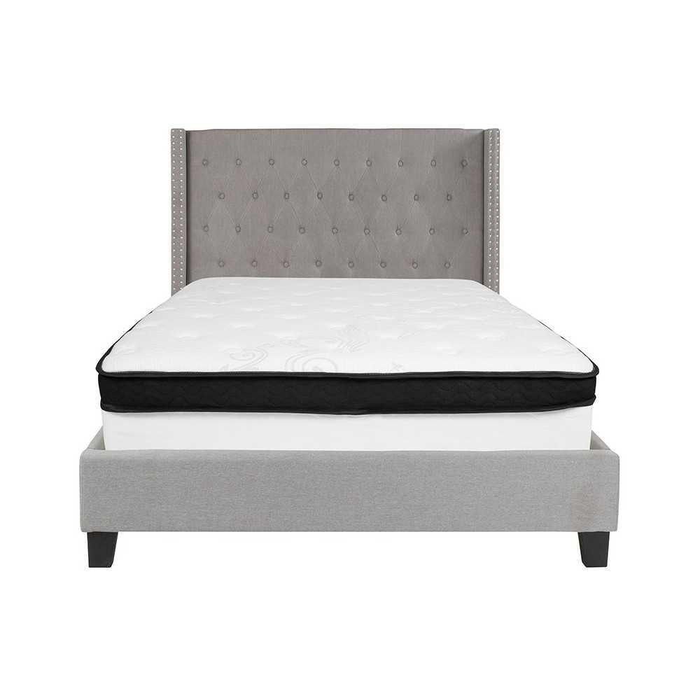 Riverdale Full Size Tufted Upholstered Platform Bed in Light Gray Fabric with Memory Foam Mattress
