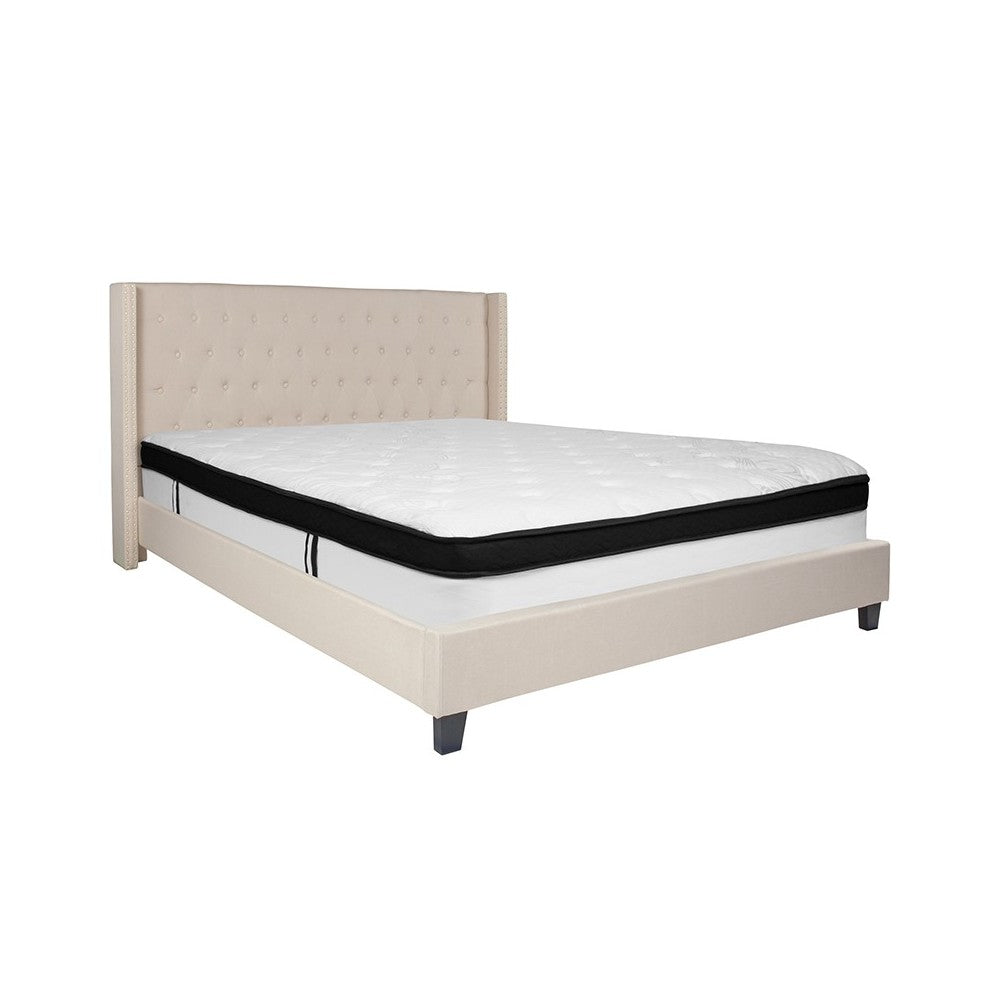 Riverdale King Size Tufted Upholstered Platform Bed in Beige Fabric with Memory Foam Mattress