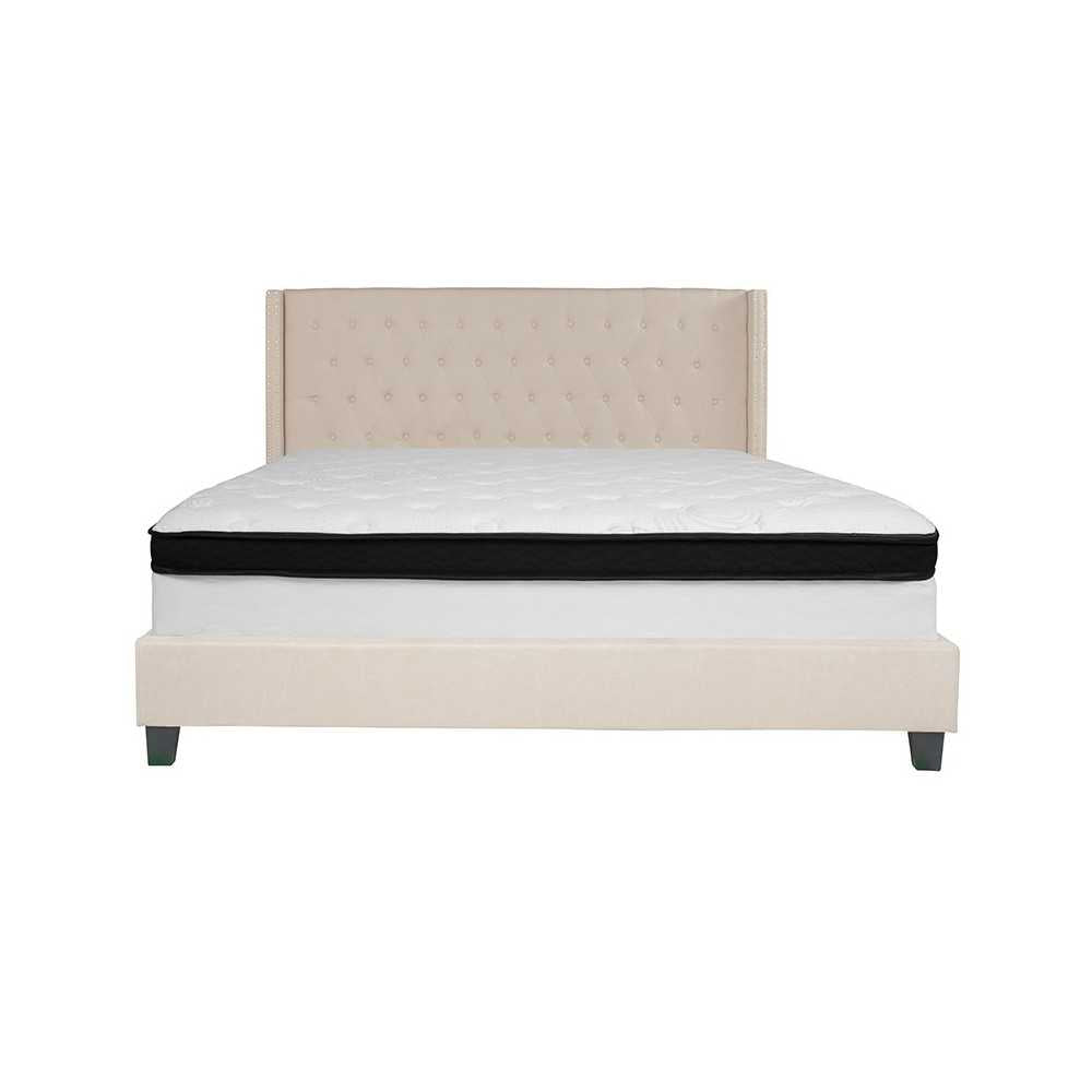 Riverdale King Size Tufted Upholstered Platform Bed in Beige Fabric with Memory Foam Mattress