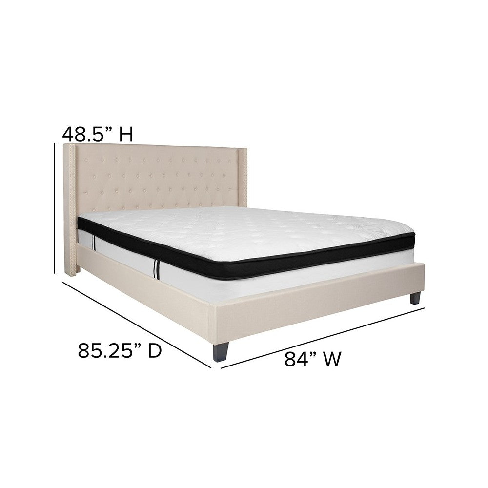 Riverdale King Size Tufted Upholstered Platform Bed in Beige Fabric with Memory Foam Mattress